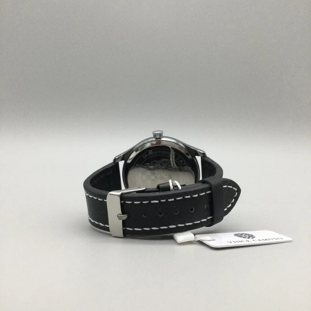 Vince Camuto Mens Watch 42mm Blue Dial Black Leather Stainless New Battery